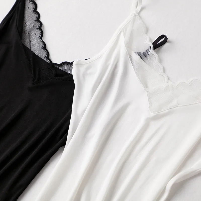 NEW 2023 Summer 100% Natural Mulberry Silk Strap Top Women V-Neck White and Black Vest Sleeveless Lace Tank Tops Ladies Camisole