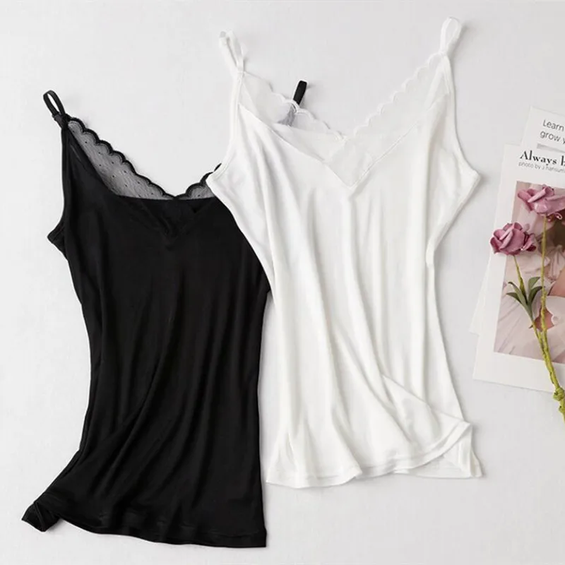 NEW 2023 Summer 100% Natural Mulberry Silk Strap Top Women V-Neck White and Black Vest Sleeveless Lace Tank Tops Ladies Camisole