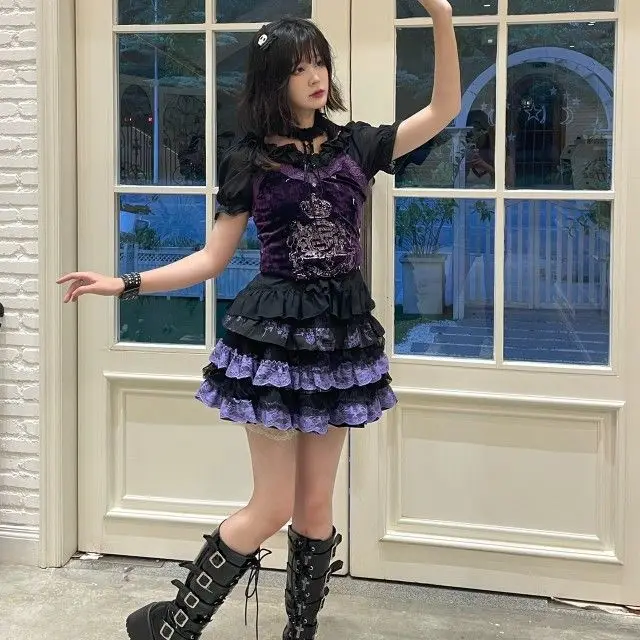 Women clothing Skirt Subculture Y2k Japanese Miniskirt Black Punk Retro Mini Dress Party Skinny Lace Layered Puff A-line Skirts