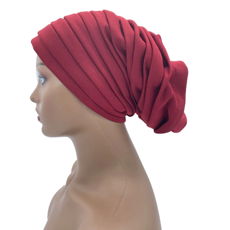 Candy Color Ladies Head Wraps Muslim Hijab Bonnets Fashion Headgear Trending Elastic Full Body Pleated Turban Cap for Women