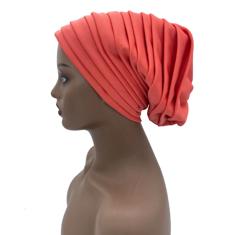 Candy Color Ladies Head Wraps Muslim Hijab Bonnets Fashion Headgear Trending Elastic Full Body Pleated Turban Cap for Women