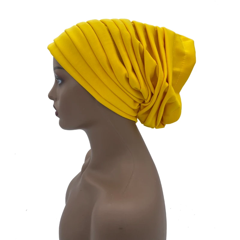 Candy Color Ladies Head Wraps Muslim Hijab Bonnets Fashion Headgear Trending Elastic Full Body Pleated Turban Cap for Women