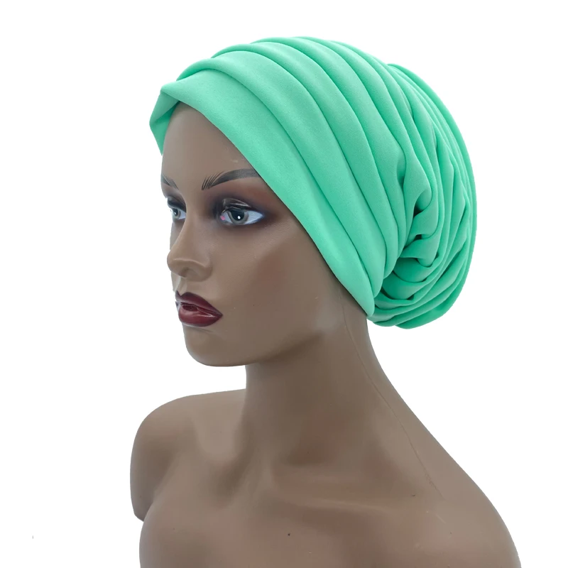 Candy Color Ladies Head Wraps Muslim Hijab Bonnets Fashion Headgear Trending Elastic Full Body Pleated Turban Cap for Women
