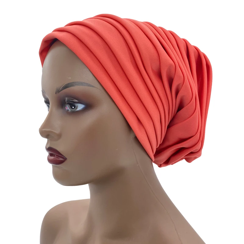 Candy Color Ladies Head Wraps Muslim Hijab Bonnets Fashion Headgear Trending Elastic Full Body Pleated Turban Cap for Women