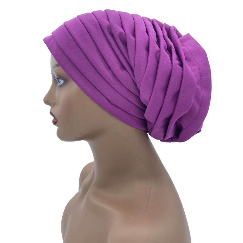 Candy Color Ladies Head Wraps Muslim Hijab Bonnets Fashion Headgear Trending Elastic Full Body Pleated Turban Cap for Women