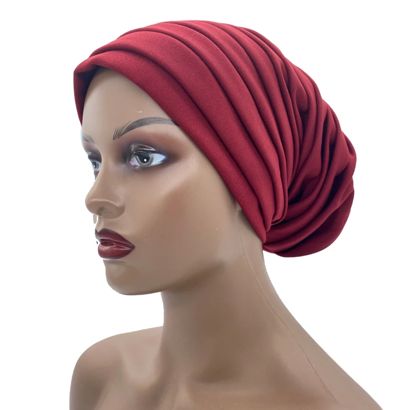 Candy Color Ladies Head Wraps Muslim Hijab Bonnets Fashion Headgear Trending Elastic Full Body Pleated Turban Cap for Women