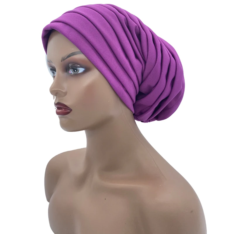 Candy Color Ladies Head Wraps Muslim Hijab Bonnets Fashion Headgear Trending Elastic Full Body Pleated Turban Cap for Women