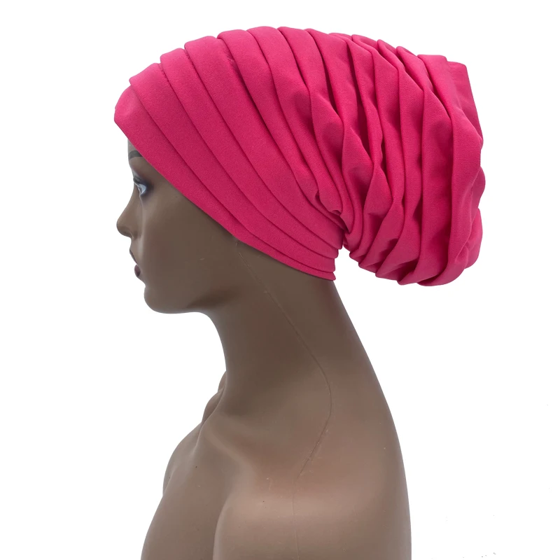 Candy Color Ladies Head Wraps Muslim Hijab Bonnets Fashion Headgear Trending Elastic Full Body Pleated Turban Cap for Women