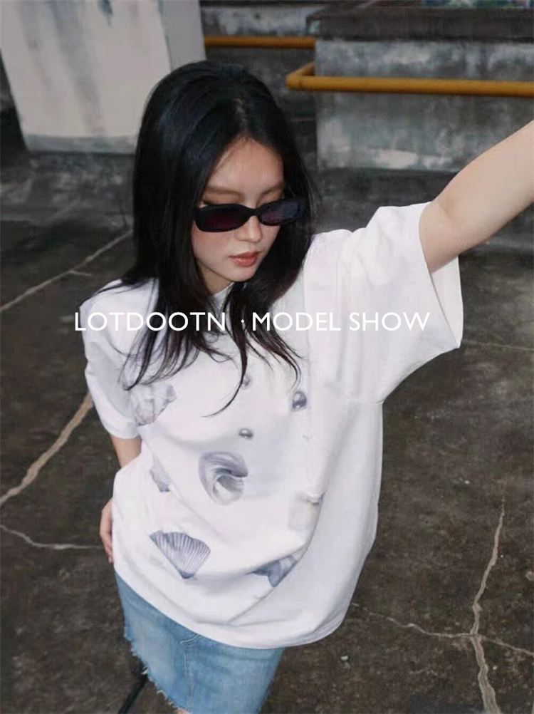 LOTDOOTN Seashell Graphic T-Shirts Women Summer Quality Pure Cotton Loose Vintage T Shirt Pearl Print Cute Graphic Tshirts Retro