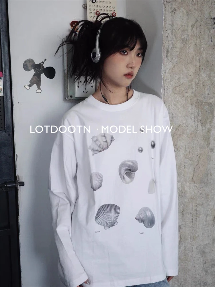 LOTDOOTN Seashell Graphic T-Shirts Women Summer Quality Pure Cotton Loose Vintage T Shirt Pearl Print Cute Graphic Tshirts Retro