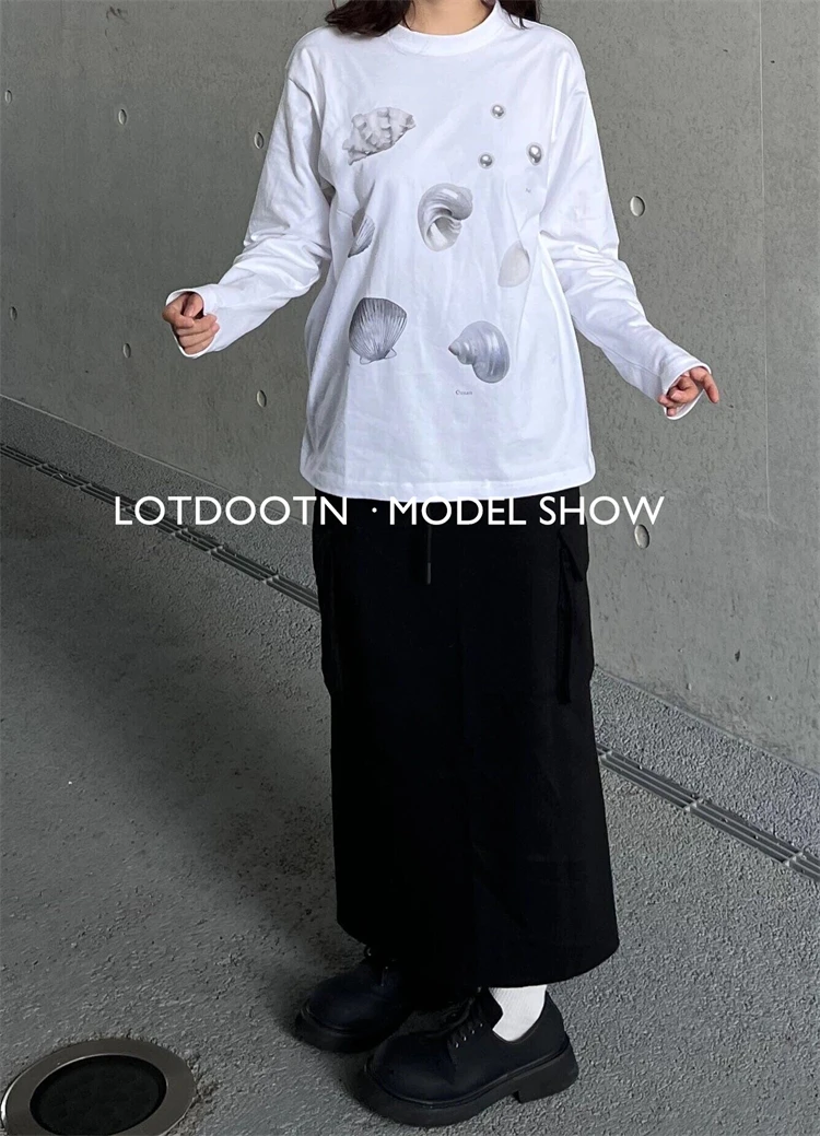 LOTDOOTN Seashell Graphic T-Shirts Women Summer Quality Pure Cotton Loose Vintage T Shirt Pearl Print Cute Graphic Tshirts Retro