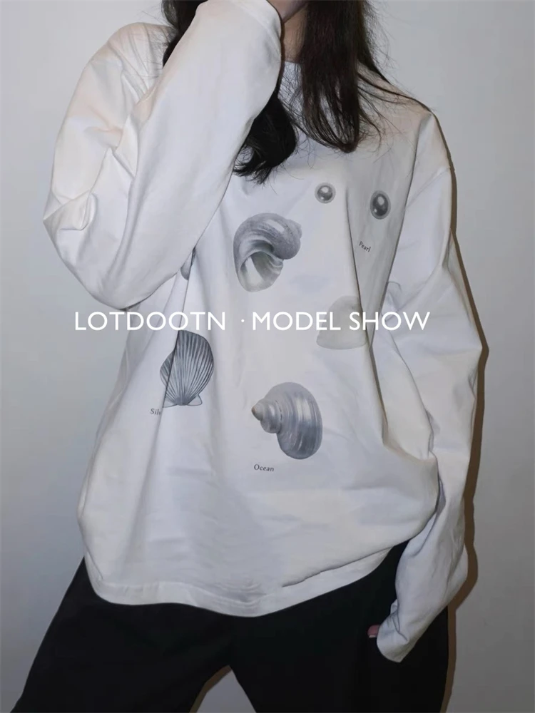 LOTDOOTN Seashell Graphic T-Shirts Women Summer Quality Pure Cotton Loose Vintage T Shirt Pearl Print Cute Graphic Tshirts Retro