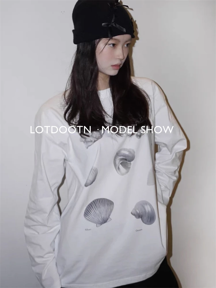 LOTDOOTN Seashell Graphic T-Shirts Women Summer Quality Pure Cotton Loose Vintage T Shirt Pearl Print Cute Graphic Tshirts Retro