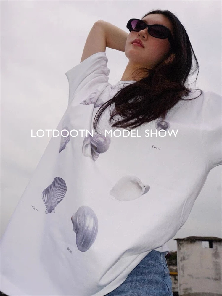 LOTDOOTN Seashell Graphic T-Shirts Women Summer Quality Pure Cotton Loose Vintage T Shirt Pearl Print Cute Graphic Tshirts Retro