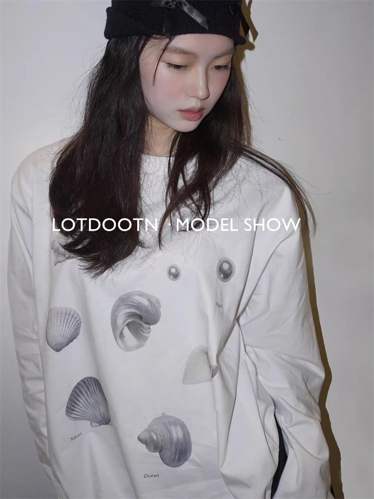LOTDOOTN Seashell Graphic T-Shirts Women Summer Quality Pure Cotton Loose Vintage T Shirt Pearl Print Cute Graphic Tshirts Retro