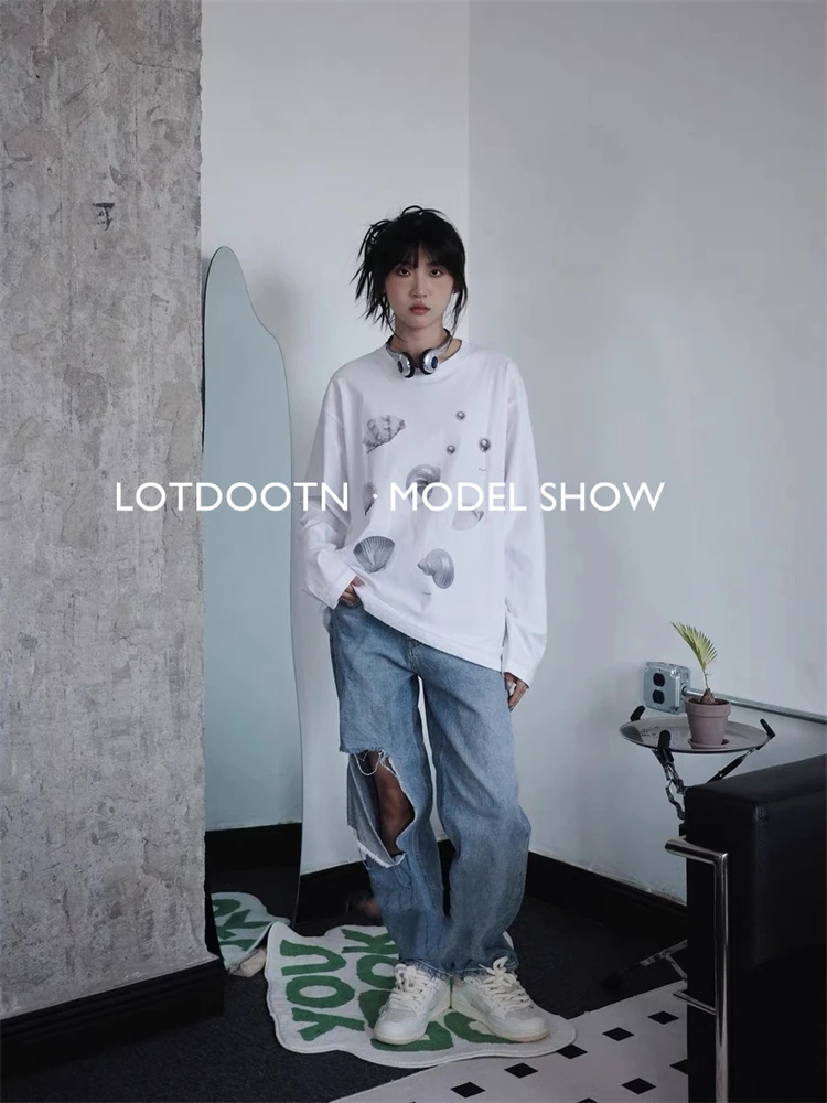 LOTDOOTN Seashell Graphic T-Shirts Women Summer Quality Pure Cotton Loose Vintage T Shirt Pearl Print Cute Graphic Tshirts Retro