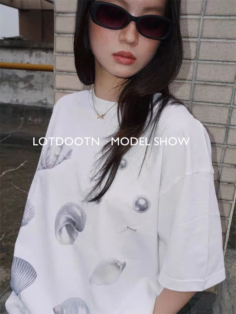 LOTDOOTN Seashell Graphic T-Shirts Women Summer Quality Pure Cotton Loose Vintage T Shirt Pearl Print Cute Graphic Tshirts Retro