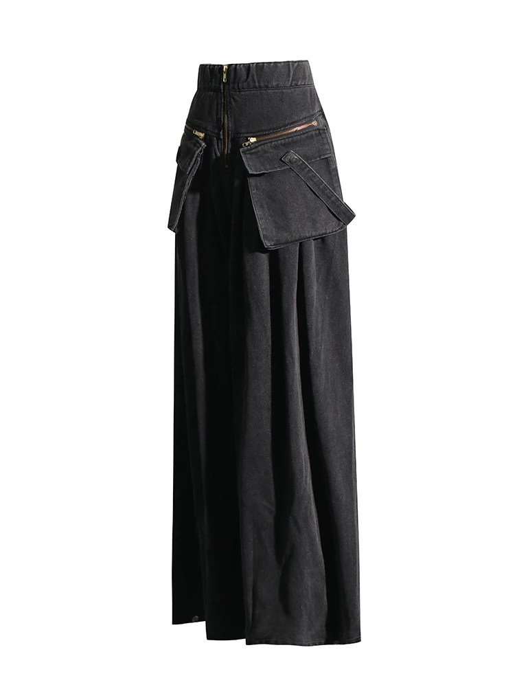 TWOTWINSTYLE Denim Two Piece Set For Women Lapel Long Sleeve Patchwork Zipper Top High Waist Wide Leg Pant Casual Sets Famale