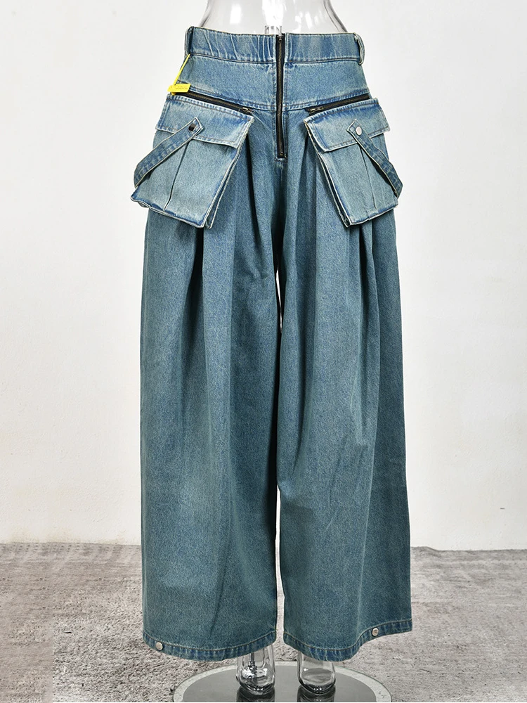 TWOTWINSTYLE Denim Two Piece Set For Women Lapel Long Sleeve Patchwork Zipper Top High Waist Wide Leg Pant Casual Sets Famale