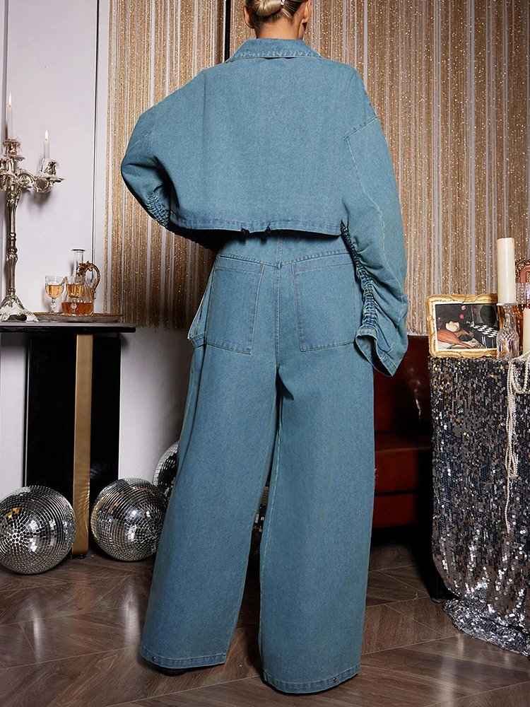 TWOTWINSTYLE Denim Two Piece Set For Women Lapel Long Sleeve Patchwork Zipper Top High Waist Wide Leg Pant Casual Sets Famale