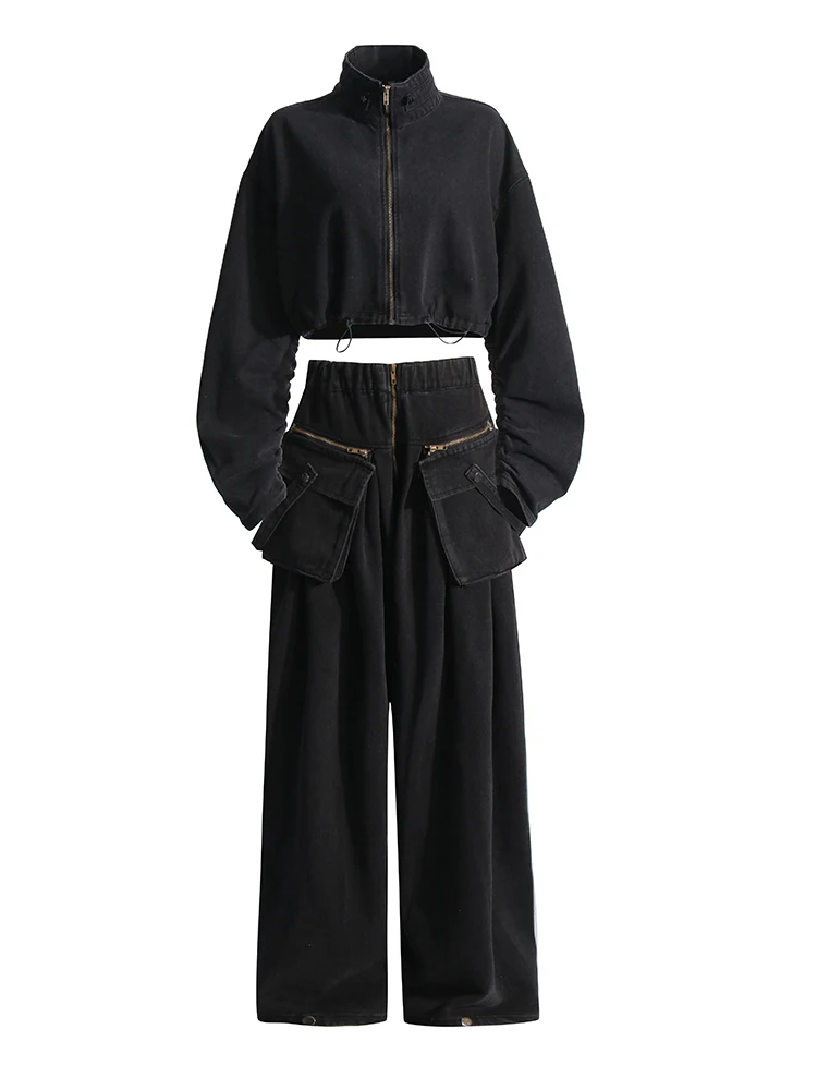 TWOTWINSTYLE Denim Two Piece Set For Women Lapel Long Sleeve Patchwork Zipper Top High Waist Wide Leg Pant Casual Sets Famale