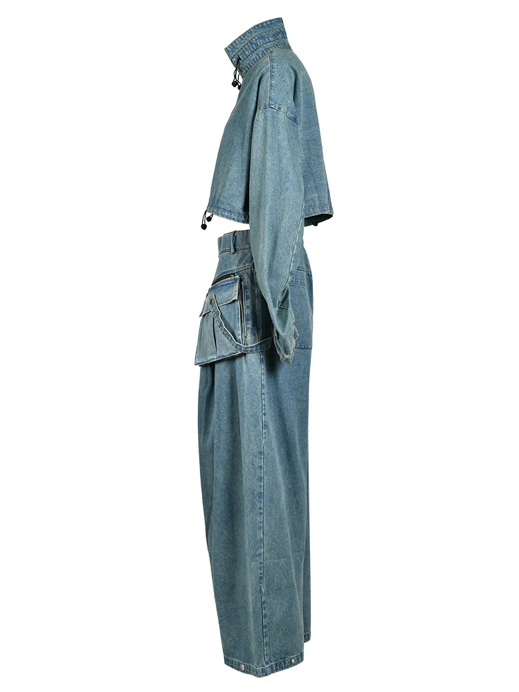 TWOTWINSTYLE Denim Two Piece Set For Women Lapel Long Sleeve Patchwork Zipper Top High Waist Wide Leg Pant Casual Sets Famale
