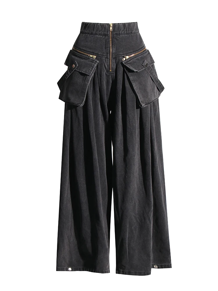 TWOTWINSTYLE Denim Two Piece Set For Women Lapel Long Sleeve Patchwork Zipper Top High Waist Wide Leg Pant Casual Sets Famale