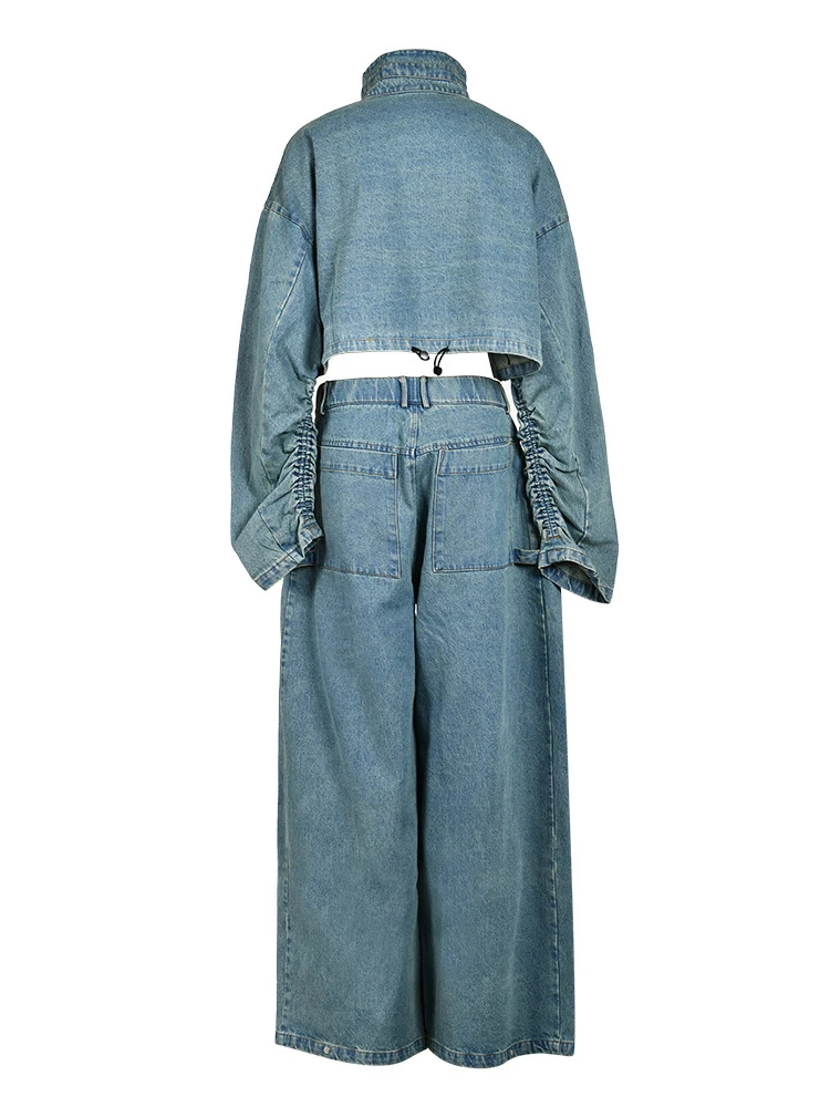 TWOTWINSTYLE Denim Two Piece Set For Women Lapel Long Sleeve Patchwork Zipper Top High Waist Wide Leg Pant Casual Sets Famale