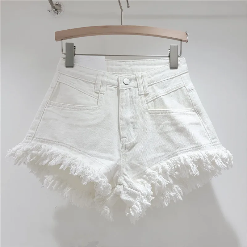 Raw Denim Shorts Women's Jeans New High-waisted Tassel Design A-line Wide-leg Hot Pants Booty Shorts