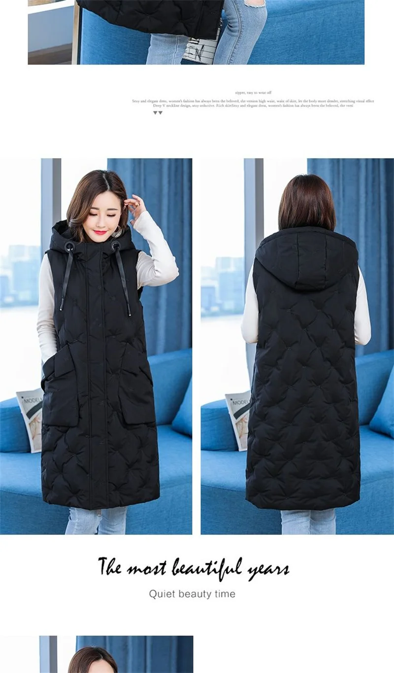 New Women's Casual Long Down Cotton Vest Autumn Winter Cold Warm Waistcoat Fashion Windproof Hooded Parka Overcoat Oversize 5XL