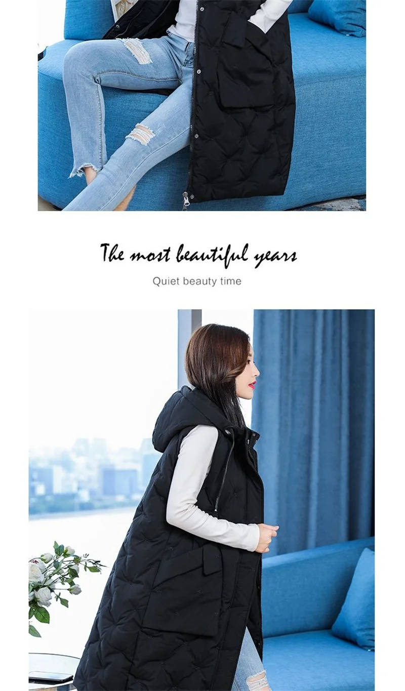 New Women's Casual Long Down Cotton Vest Autumn Winter Cold Warm Waistcoat Fashion Windproof Hooded Parka Overcoat Oversize 5XL