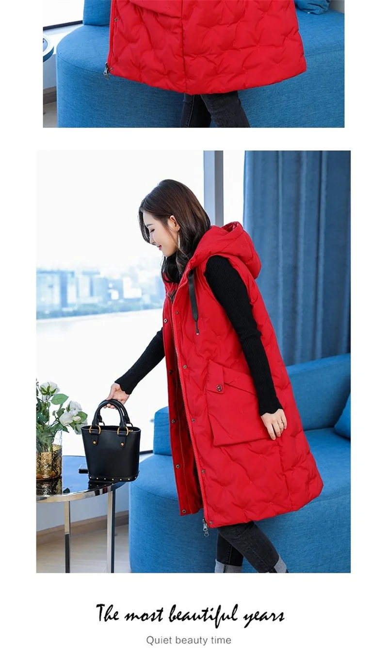 New Women's Casual Long Down Cotton Vest Autumn Winter Cold Warm Waistcoat Fashion Windproof Hooded Parka Overcoat Oversize 5XL