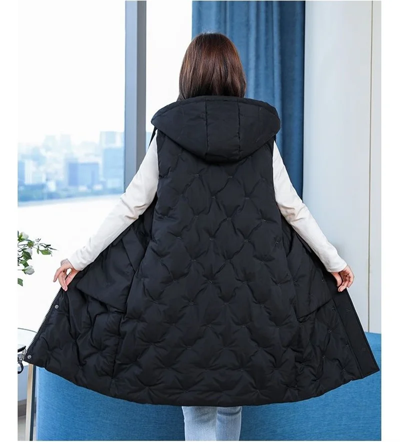 New Women's Casual Long Down Cotton Vest Autumn Winter Cold Warm Waistcoat Fashion Windproof Hooded Parka Overcoat Oversize 5XL