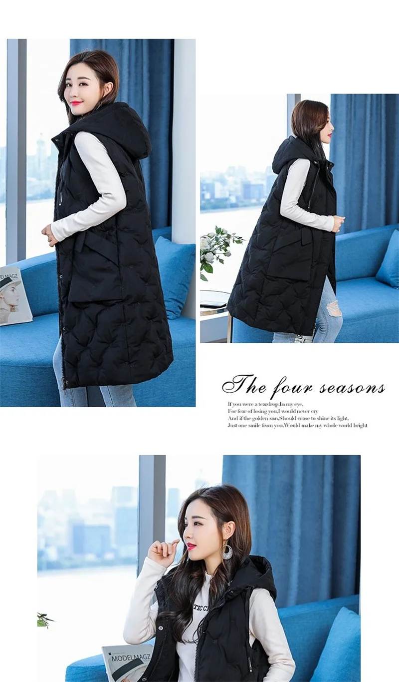 New Women's Casual Long Down Cotton Vest Autumn Winter Cold Warm Waistcoat Fashion Windproof Hooded Parka Overcoat Oversize 5XL