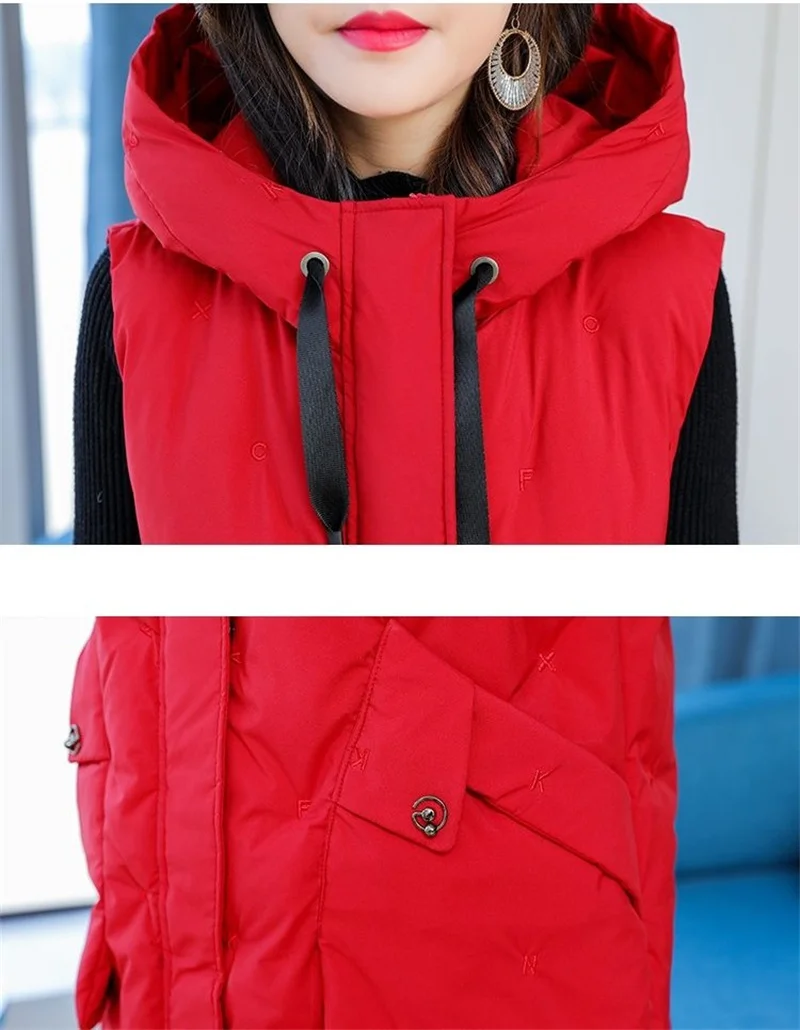New Women's Casual Long Down Cotton Vest Autumn Winter Cold Warm Waistcoat Fashion Windproof Hooded Parka Overcoat Oversize 5XL
