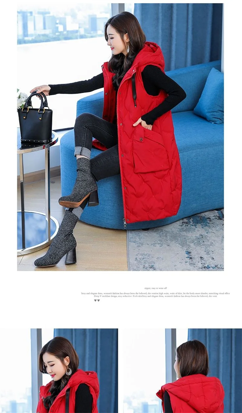 New Women's Casual Long Down Cotton Vest Autumn Winter Cold Warm Waistcoat Fashion Windproof Hooded Parka Overcoat Oversize 5XL