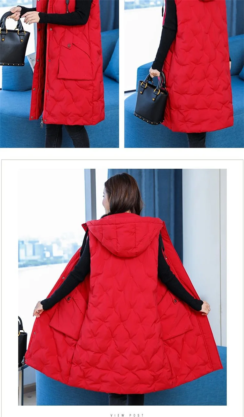 New Women's Casual Long Down Cotton Vest Autumn Winter Cold Warm Waistcoat Fashion Windproof Hooded Parka Overcoat Oversize 5XL