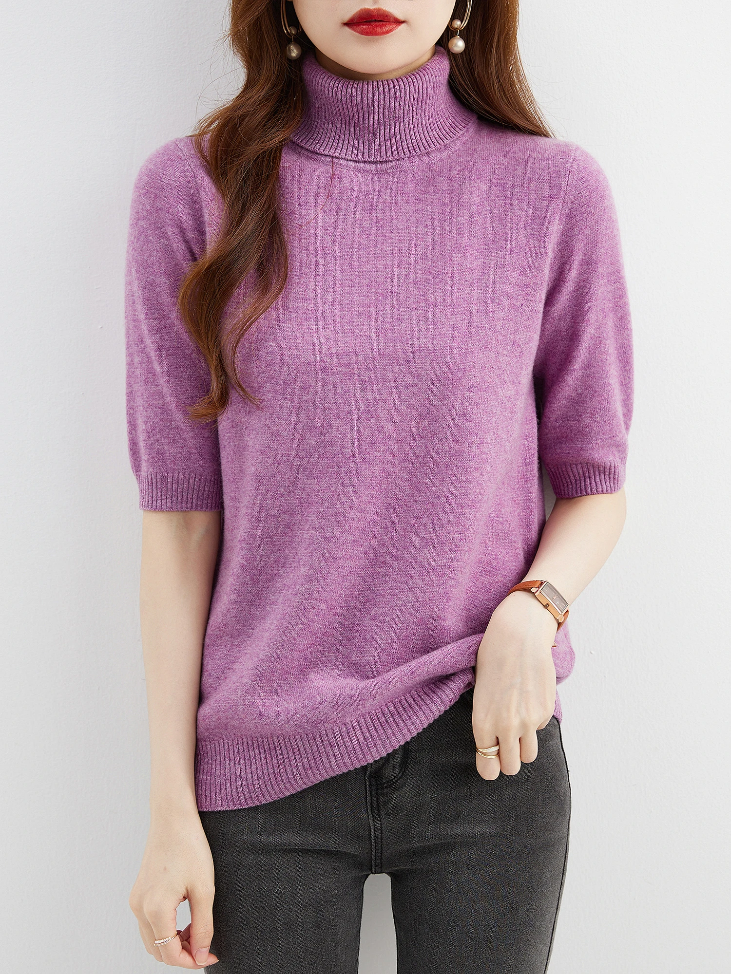 Fashion Turtleneck Women's Sweater 100% Merino Wool Short Sleeve Tops Summer Fall Sweater Knit Pullovers Jerseys Female Clothing