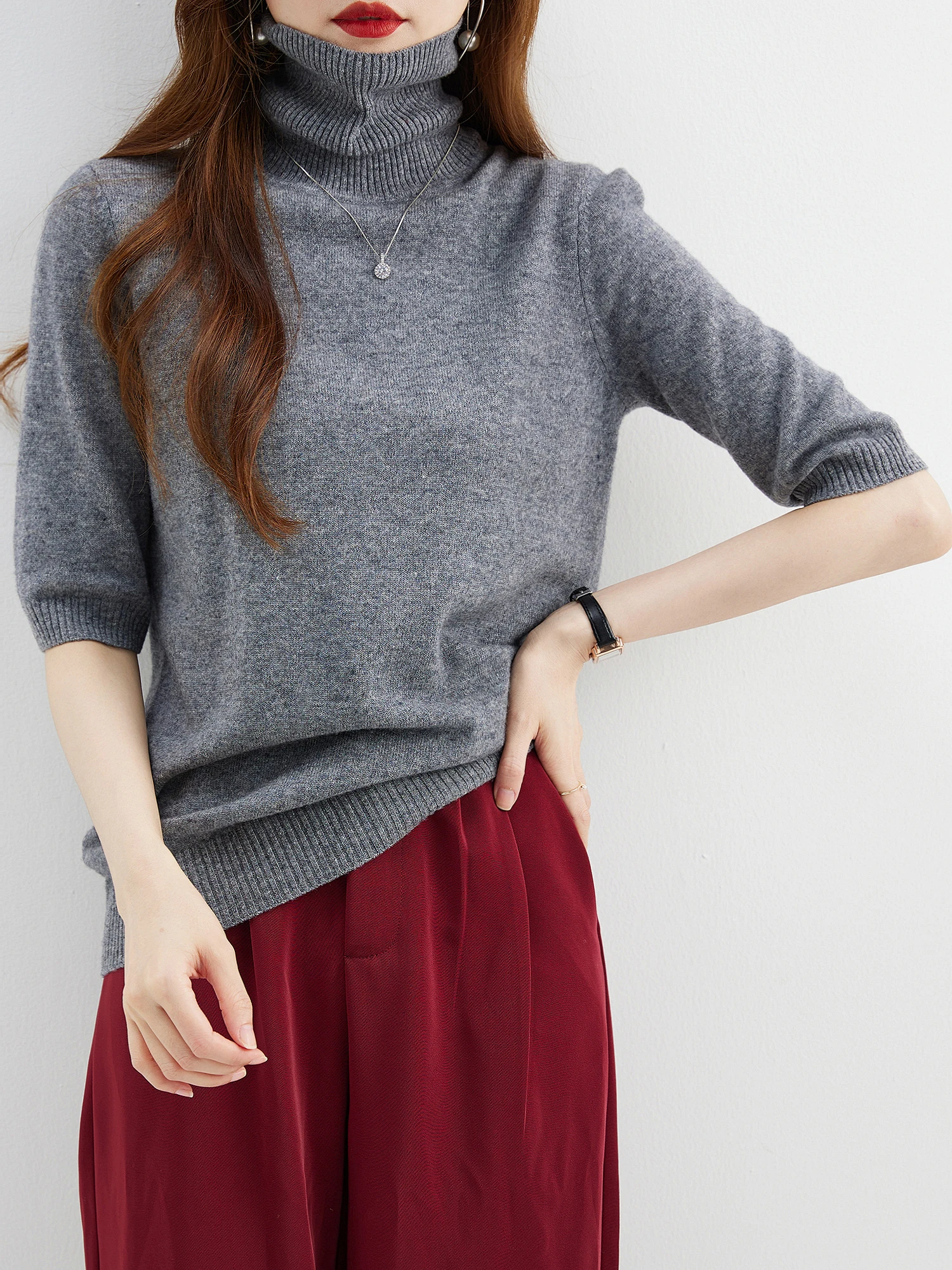 Fashion Turtleneck Women's Sweater 100% Merino Wool Short Sleeve Tops Summer Fall Sweater Knit Pullovers Jerseys Female Clothing