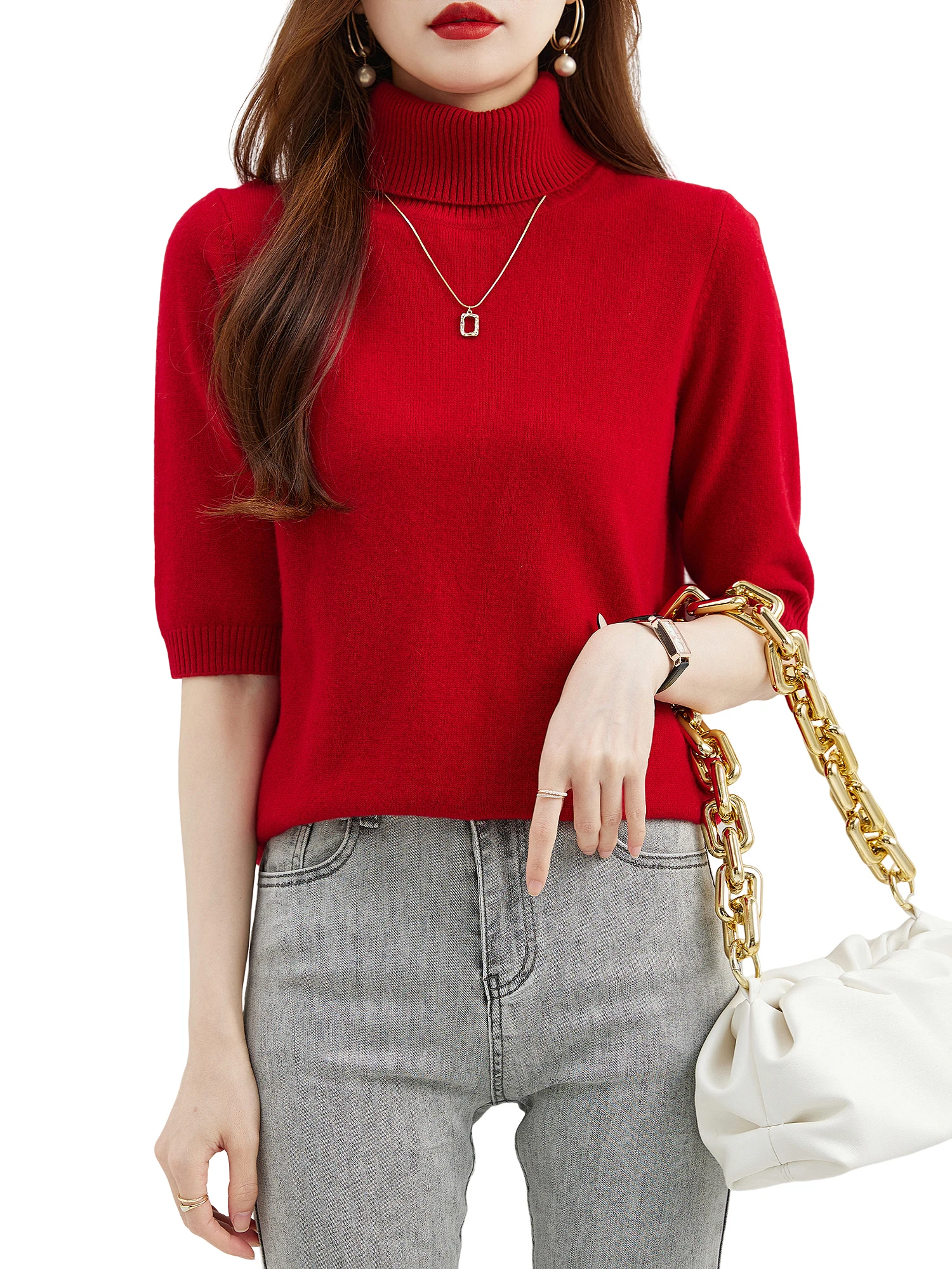 Fashion Turtleneck Women's Sweater 100% Merino Wool Short Sleeve Tops Summer Fall Sweater Knit Pullovers Jerseys Female Clothing