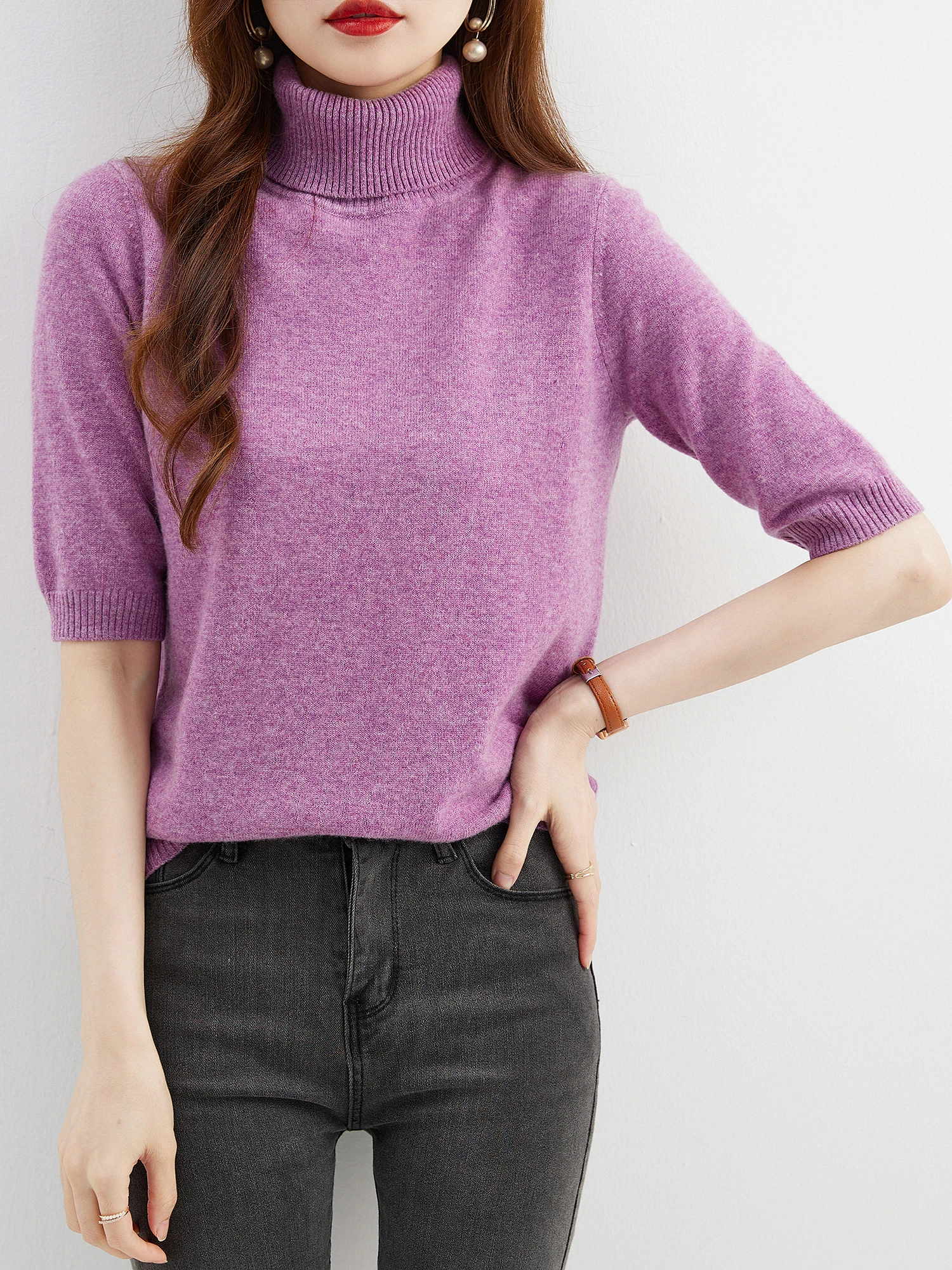 Fashion Turtleneck Women's Sweater 100% Merino Wool Short Sleeve Tops Summer Fall Sweater Knit Pullovers Jerseys Female Clothing