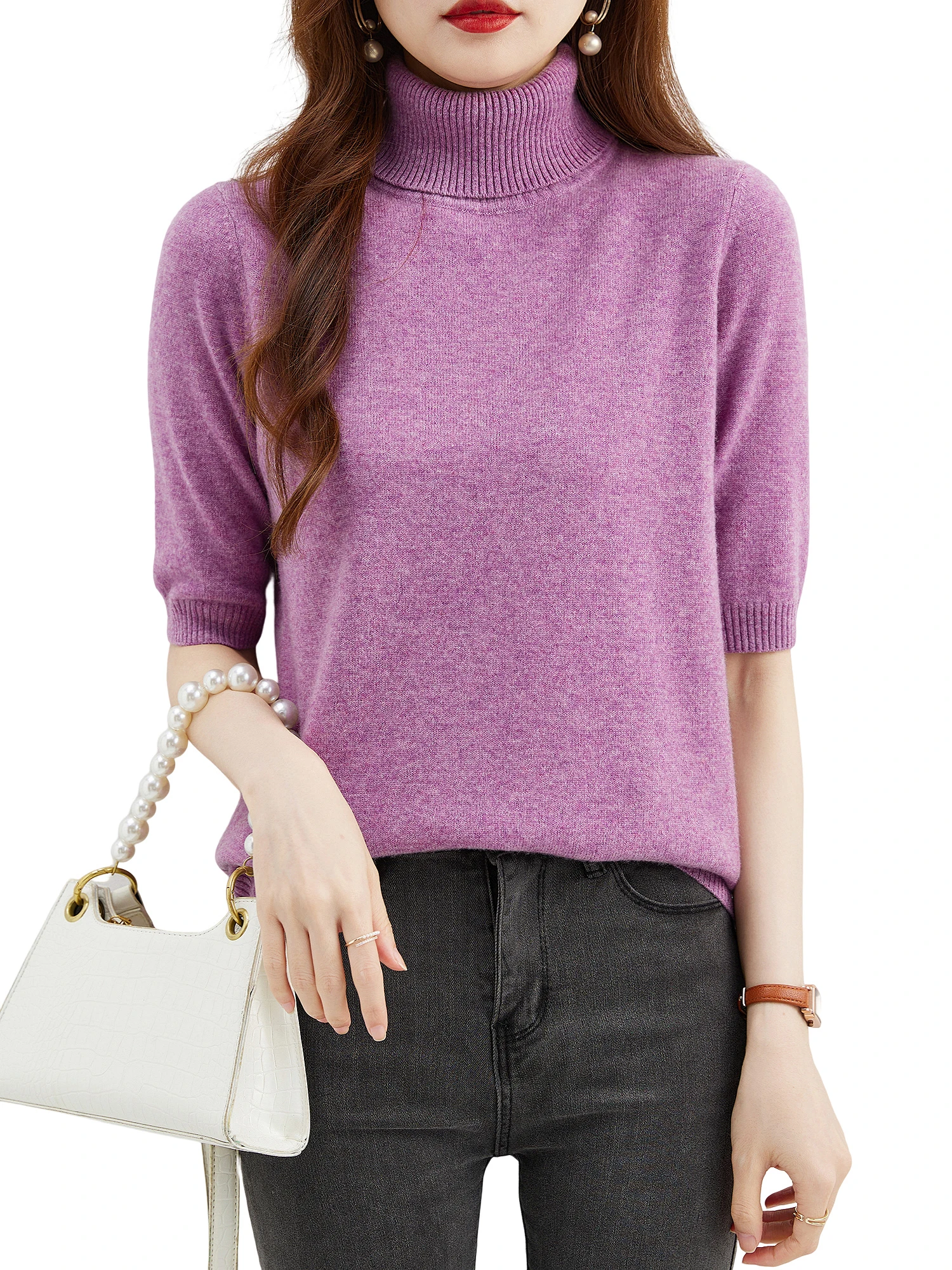 Fashion Turtleneck Women's Sweater 100% Merino Wool Short Sleeve Tops Summer Fall Sweater Knit Pullovers Jerseys Female Clothing