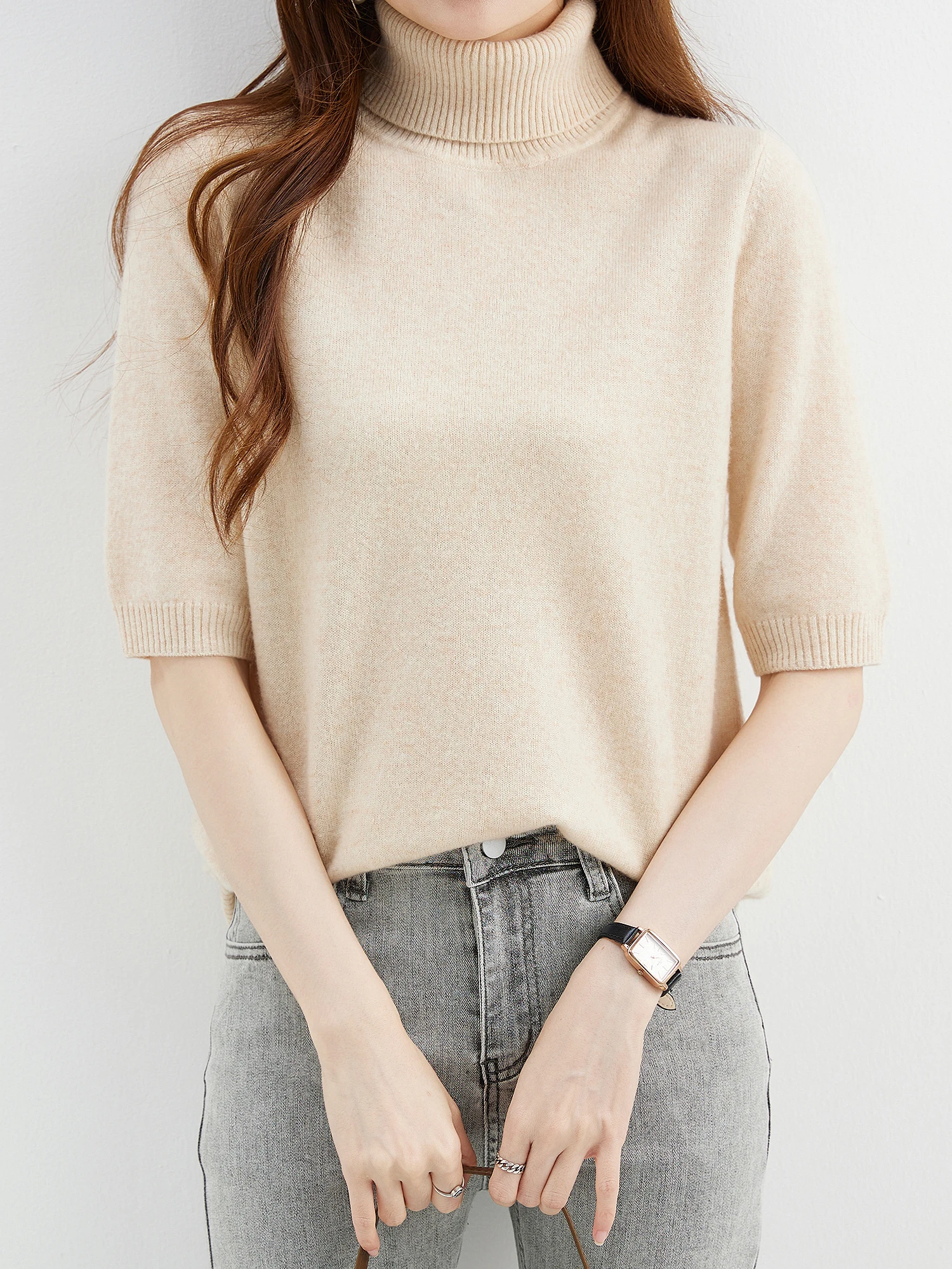 Fashion Turtleneck Women's Sweater 100% Merino Wool Short Sleeve Tops Summer Fall Sweater Knit Pullovers Jerseys Female Clothing