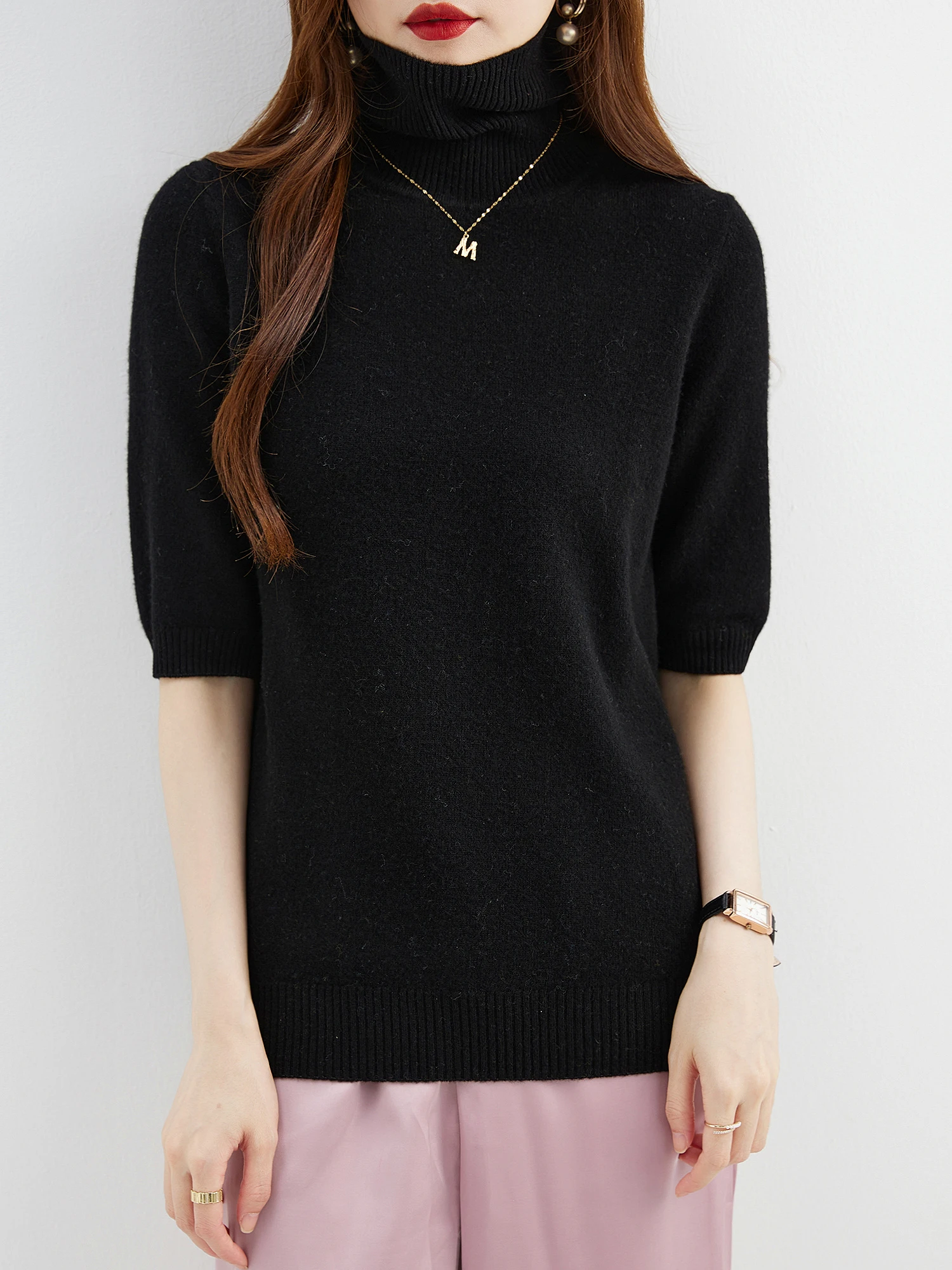 Fashion Turtleneck Women's Sweater 100% Merino Wool Short Sleeve Tops Summer Fall Sweater Knit Pullovers Jerseys Female Clothing