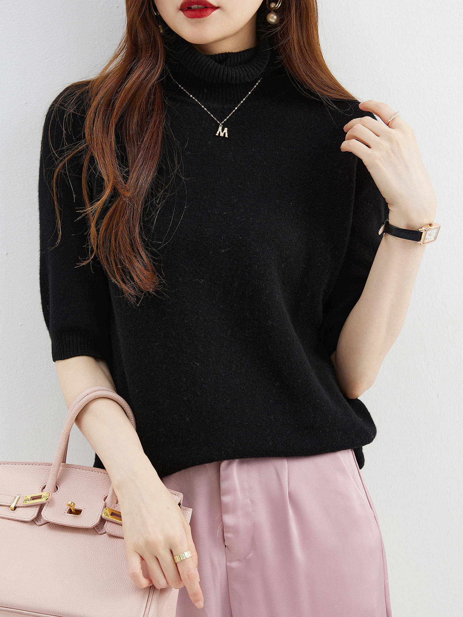 Fashion Turtleneck Women's Sweater 100% Merino Wool Short Sleeve Tops Summer Fall Sweater Knit Pullovers Jerseys Female Clothing