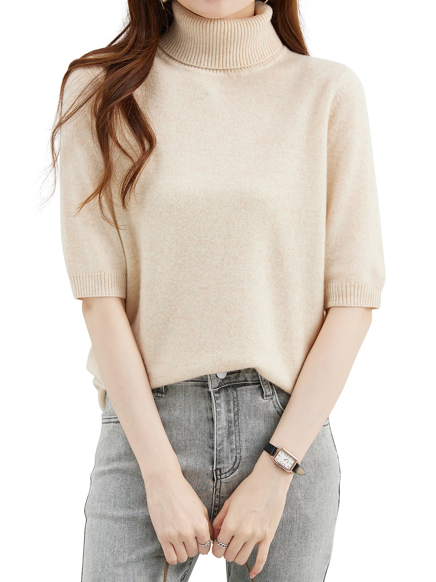 Fashion Turtleneck Women's Sweater 100% Merino Wool Short Sleeve Tops Summer Fall Sweater Knit Pullovers Jerseys Female Clothing