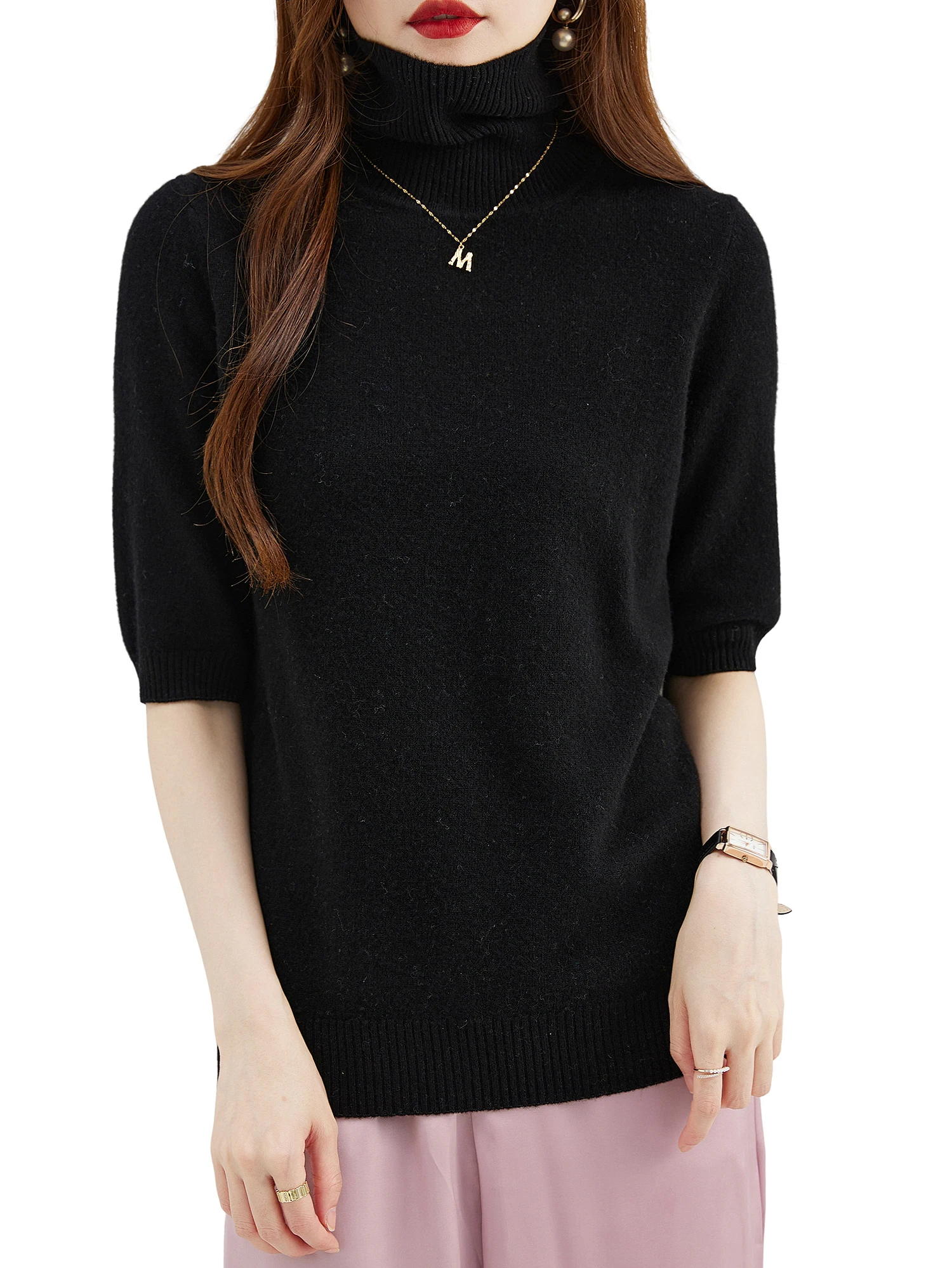 Fashion Turtleneck Women's Sweater 100% Merino Wool Short Sleeve Tops Summer Fall Sweater Knit Pullovers Jerseys Female Clothing
