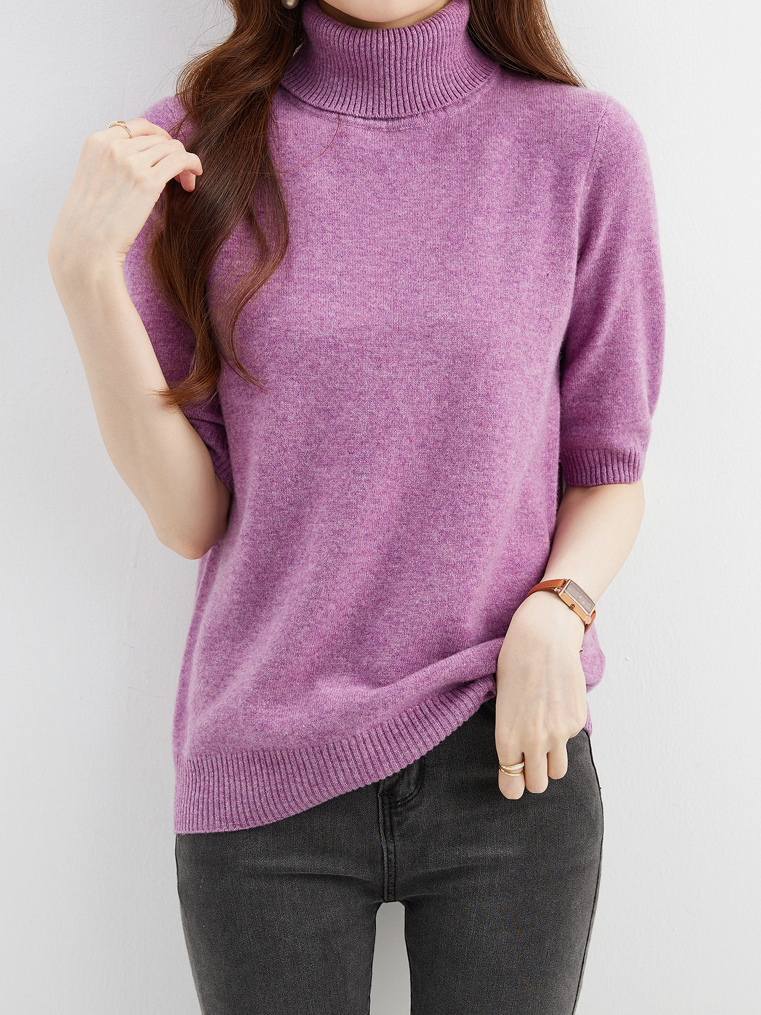 Fashion Turtleneck Women's Sweater 100% Merino Wool Short Sleeve Tops Summer Fall Sweater Knit Pullovers Jerseys Female Clothing