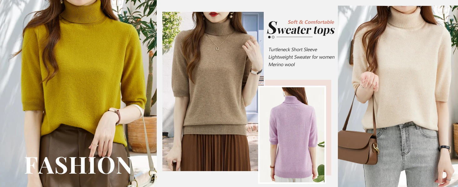 Fashion Turtleneck Women's Sweater 100% Merino Wool Short Sleeve Tops Summer Fall Sweater Knit Pullovers Jerseys Female Clothing