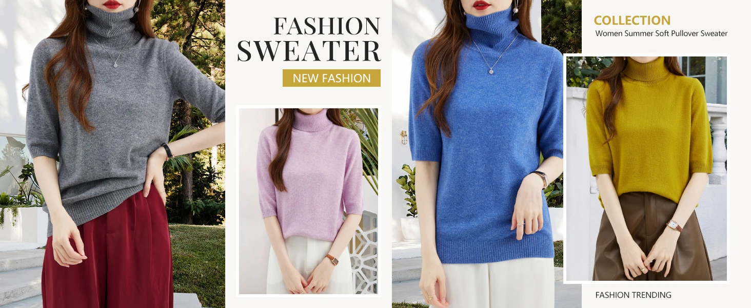 Fashion Turtleneck Women's Sweater 100% Merino Wool Short Sleeve Tops Summer Fall Sweater Knit Pullovers Jerseys Female Clothing
